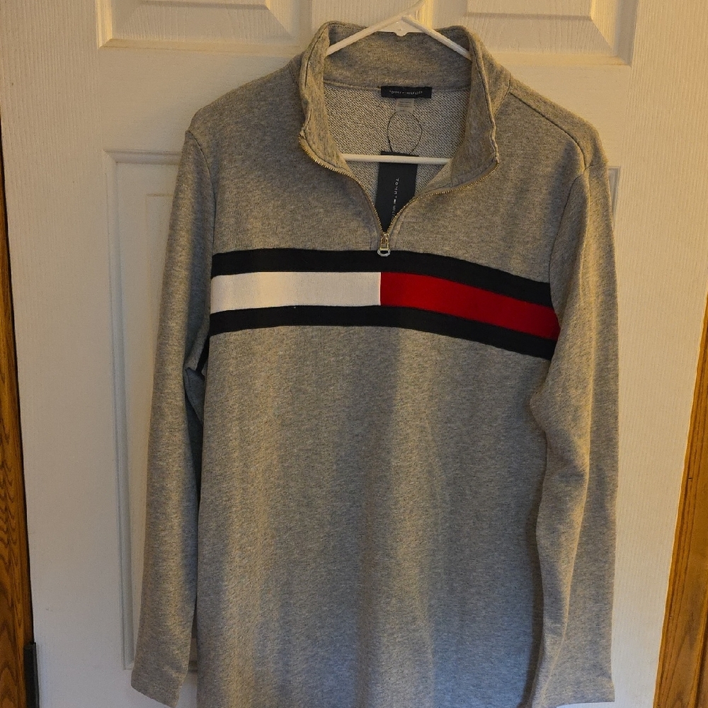 Tommy Hilfiger Men's Gray Zip-Up Long Sleeve  with Red, Black, and White Stripes
